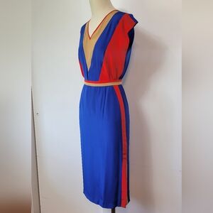 VTG Colorblock V-Neck Skirt And Top Set - Blue, Red, and Tan